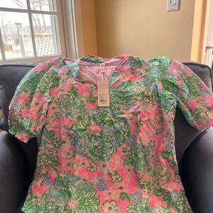 Lilly Pulitzer Floral Top Puff Sleeve Pink Green Size L NWT Resort Wear